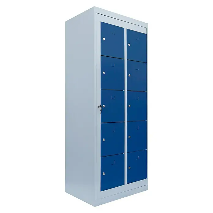 Lüllmann Fächerschrank - H x B x T: 180 x 74 x 50 cm, Lichtgrau/Enzianblau, Fertig montiert, Anzahl Fächer: 10 Stk. - Ein blauer Spindschrank mit acht Fächern, ideal für die Aufbewahrung von persönlichen Gegenständen in Schulen oder Umkleideräumen.