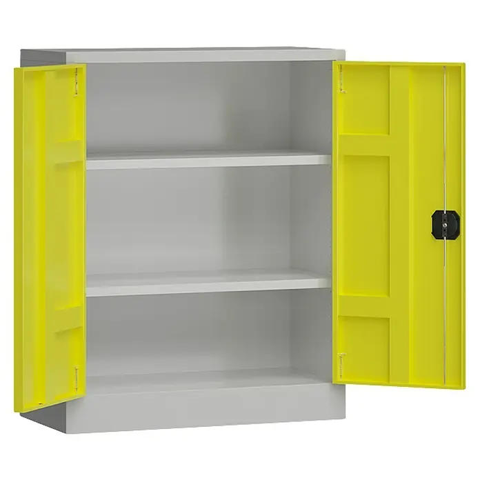 Lüllmann ClassiX Metall-Mehrzweckschrank - H x B x T: 100 x 80 x 38 cm, Lichtgrau/Zinkgelb, Fertig montiert, Anzahl Böden: 2 Stk. - Offener, grauer Metallschrank mit gelben Türen und zwei Einlegeböden. Perfekt für Büro oder Werkstatt zur geordneten Aufbewahrung.