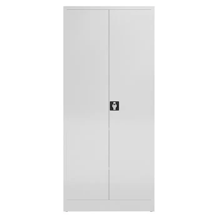 Lüllmann ClassiX Metall-Mehrzweckschrank - H x B x T: 180 x 80 x 38 cm, Signalweiß, Fertig montiert, Anzahl Böden: 3 Stk. - Ein schlichter, weißer Metallschrank mit zwei Türen und einem schwarzen Drehverschluss in der Mitte für Büro oder Werkstatt.