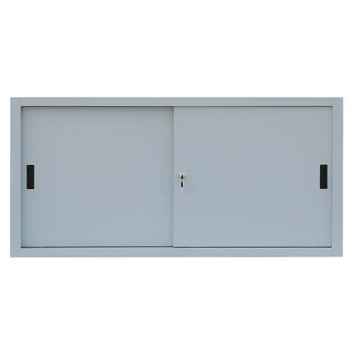Lüllmann Schiebetür Schrank - H x B x T: 75 x 160 x 45 cm, Lichtgrau, Fertig montiert, Anzahl Böden: 1 Stk. - Metallschrank mit Schiebetüren und einem Schloss mit Schlüssel, ideal für die Aufbewahrung von Bürobedarf und Dokumenten.
