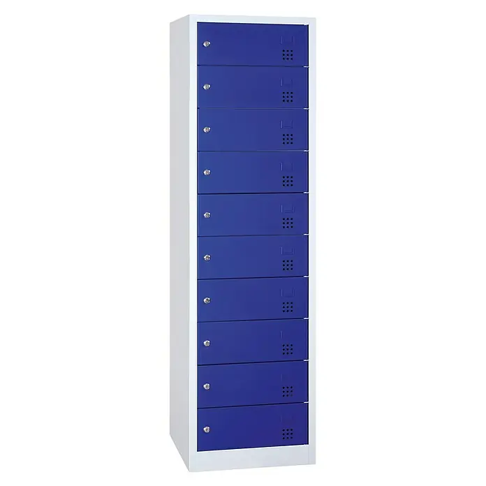Lüllmann Laptopschrank - H x B x T: 180 x 50 x 50 cm, Lichtgrau/Enzianblau, Fertig montiert, Ohne Steckdose, Anzahl Fächer: 10 Stk. - Blauer Spindschrank mit weißen Rändern und acht Fächern, jedes mit Schloss und Lüftungsschlitzen für sichere Aufbewahrung.