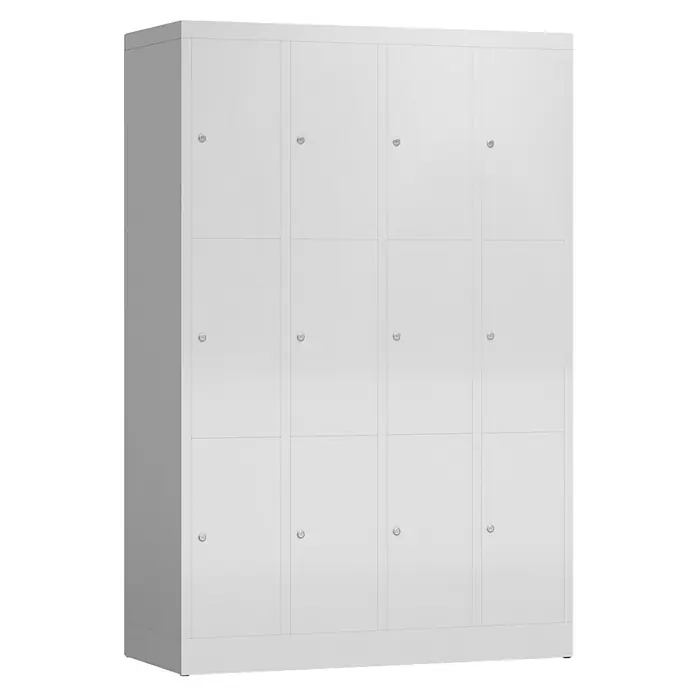 Lüllmann ClassiX Schließfachschrank - H x B x T: 180 x 118,5 x 50 cm, Lichtgrau, Fertig montiert, Anzahl Fächer: 12 Stk. - Aufnahme eines Schranksystems mit vier mal drei Fächern und silbernen Knäufen, ideal für die Aufbewahrung.