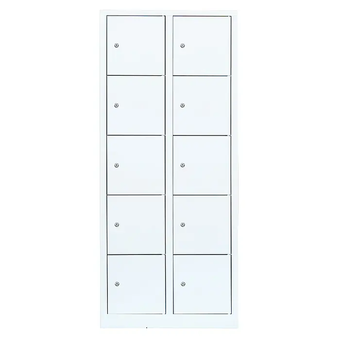 Lüllmann Schließfachschrank - H x B x T: 180 x 80 x 50 cm, Signalweiß, Fertig montiert, Anzahl Fächer: 10 Stk. - Ein weißer Schrank mit zehn Fächern, jedes mit einem silbernen Schloss versehen, ideal zur sicheren Aufbewahrung persönlicher Gegenstände.