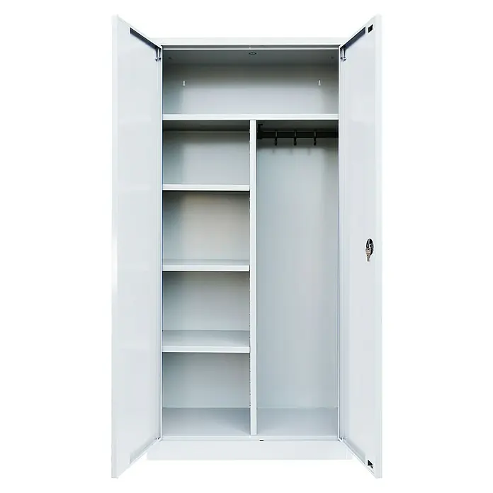Lüllmann Metall-Mehrzweckschrank - H x B x T: 195 x 92,5 x 42,2 cm, Signalweiß, Vormontiert, Anzahl Böden: 3 Stk. - Eine Aufnahme von einem offenen, weißen Metallschrank mit Regalen und Kleiderstange, ideal zur Aufbewahrung von Kleidung und anderen Gegenständen.