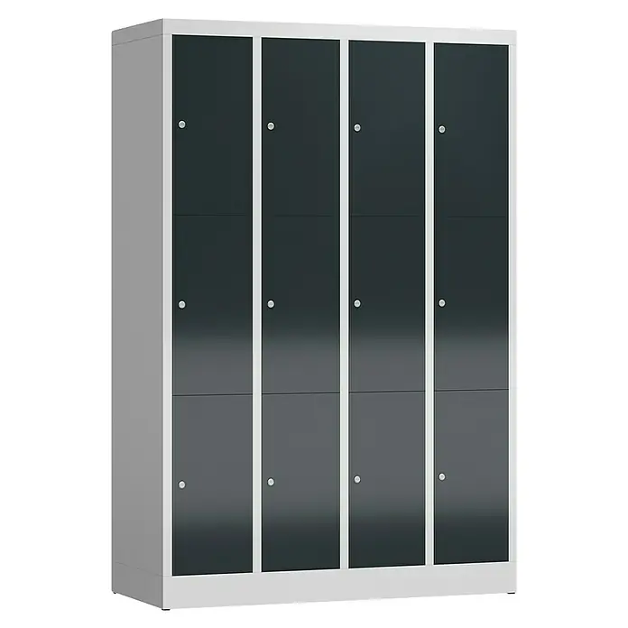 Lüllmann ClassiX Schließfachschrank - H x B x T: 180 x 118,5 x 50 cm, Lichtgrau/Anthrazit, Fertig montiert, Anzahl Fächer: 12 Stk. - Ein elegantes Garderobenschranksystem mit acht Fächern in einer stilvollen Farbkombination für Schulen, Fitnessstudios und Büros.