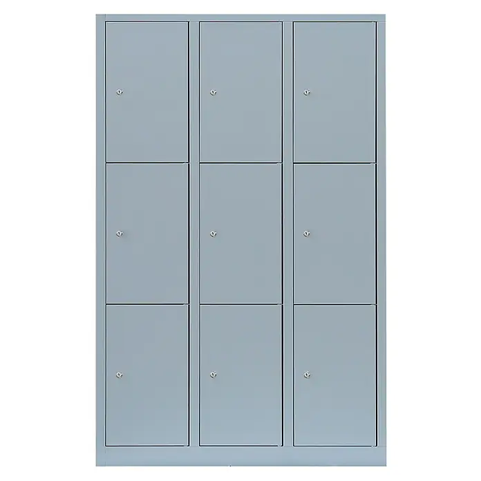 Lüllmann Schließfachschrank - H x B x T: 180 x 118,5 x 50 cm, Lichtgrau, Fertig montiert, Anzahl Fächer: 9 Stk. - Aufnahme eines grauen Metallschließfachs mit neun separaten Fächern und kleinen Schlüssellöchern an jeder Tür für sichere Aufbewahrung.