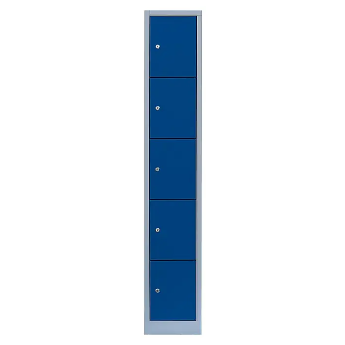 Lüllmann Schließfachschrank - H x B x T: 180 x 31,5 x 50 cm, Lichtgrau/Enzianblau, Fertig montiert, Anzahl Fächer: 5 Stk. - Aufnahme eines blauen Spindschranks mit fünf Fächern und silbernem Rahmen, ideal für die sichere Aufbewahrung persönlicher Gegenstände.