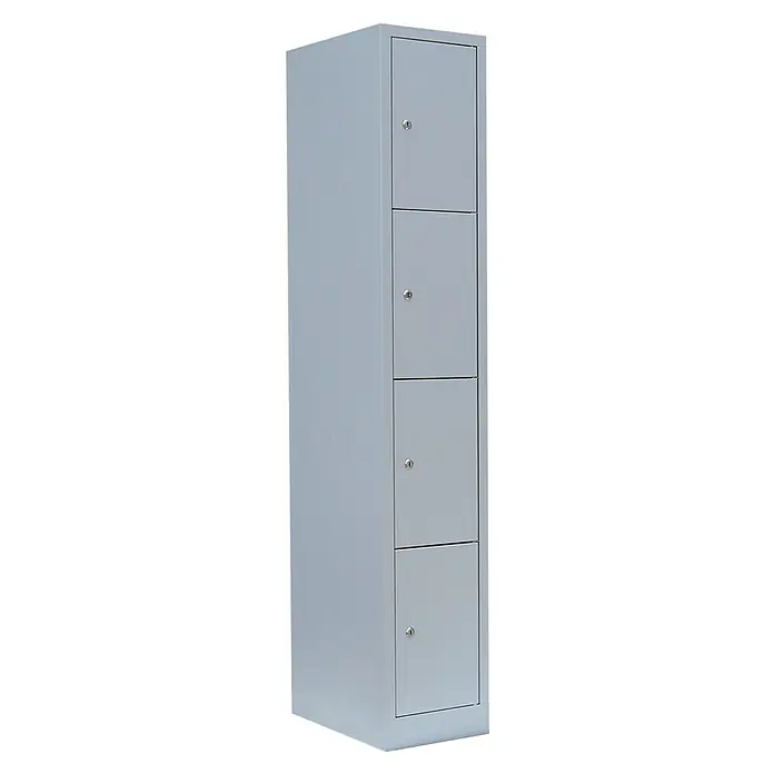 Lüllmann Schließfachschrank - H x B x T: 180 x 31,5 x 50 cm, Lichtgrau, Fertig montiert, Anzahl Fächer: 4 Stk. - Grauer Spind mit vier Fächern und Schlössern, ideal zur sicheren Aufbewahrung von Gegenständen. Robustes Design für Büro oder öffentliche Bereiche.