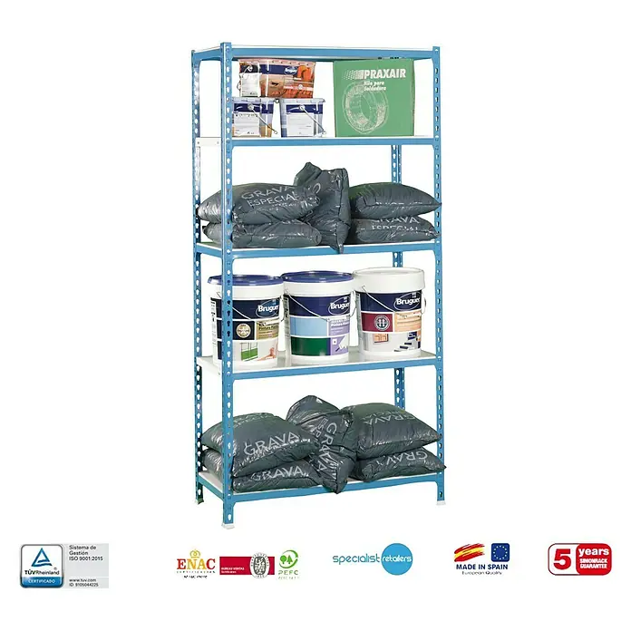 Simonrack Simonclick Estantería metálica Superplus - Al x An x Pr: 200 x 110 x 40 cm, Capacidad de carga por balda: 200 kg, Número de baldas: 5 ud., Inserción, Azul/Blanco - Imagen de un estante metálico azul con cinco estantes, cargado con cubos de pintura, sacos de arena y una caja verde.