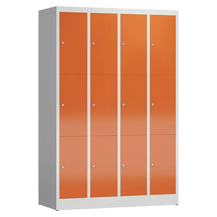 Lüllmann ClassiX Schließfachschrank - H x B x T: 180 x 118,5 x 50 cm, Lichtgrau/Feuerrot, Fertig montiert, Anzahl Fächer: 12 Stk. - Bild eines Schranks mit orangefarbenen Türen und silbernen Beschlägen.