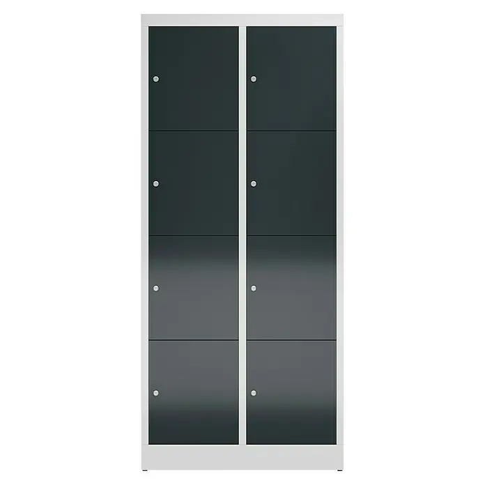 Lüllmann ClassiX Schließfachschrank - H x B x T: 180 x 80 x 50 cm, Lichtgrau/Anthrazit, Fertig montiert, Anzahl Fächer: 8 Stk. - Aufnahme eines grauen Schranks mit weißem Rahmen und acht Fächern, ideal für die Aufbewahrung und Organisation von Gegenständen.