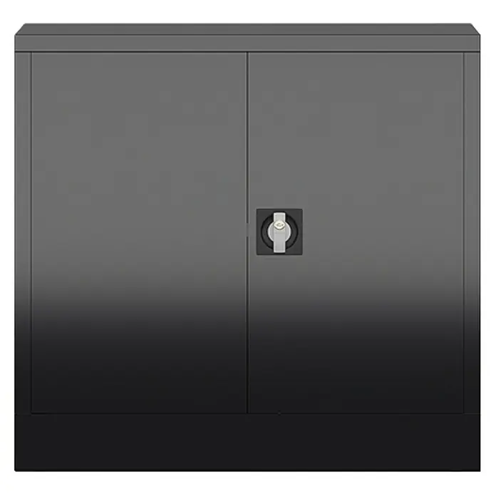 Lüllmann ClassiX Metall-Mehrzweckschrank - H x B x T: 75 x 80 x 38 cm, Tiefschwarz, Fertig montiert, Anzahl Böden: 1 Stk. - Abbildung eines grauen abschließbaren Schranks mit zwei Türen und einem quadratischen Schloss in der Mitte.