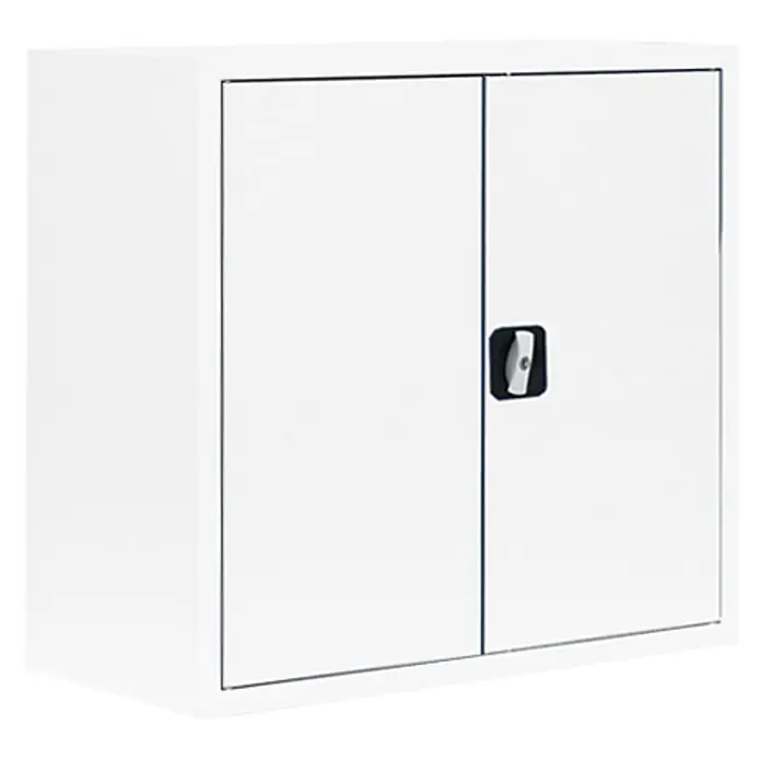 Lüllmann Metall-Mehrzweckschrank - H x B x T: 75 x 80 x 38,3 cm, Signalweiß, Fertig montiert, Anzahl Böden: 1 Stk. - Abbildung eines weißen Aktenschranks mit zwei Türen und einem schwarzen Griff.