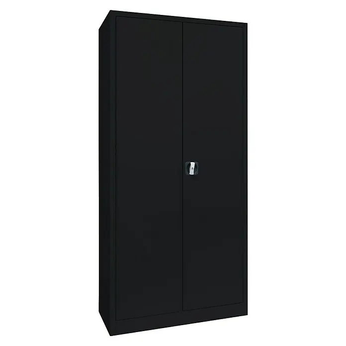 Lüllmann Metall-Mehrzweckschrank - H x B x T: 195 x 92,5 x 42,2 cm, Tiefschwarz, Fertig montiert, Anzahl Böden: 4 Stk. - Ein schwarzer Metallschrank mit zwei Türen und einem silbernen Griff. Ideal für Büro oder Werkstatt zur sicheren Aufbewahrung.