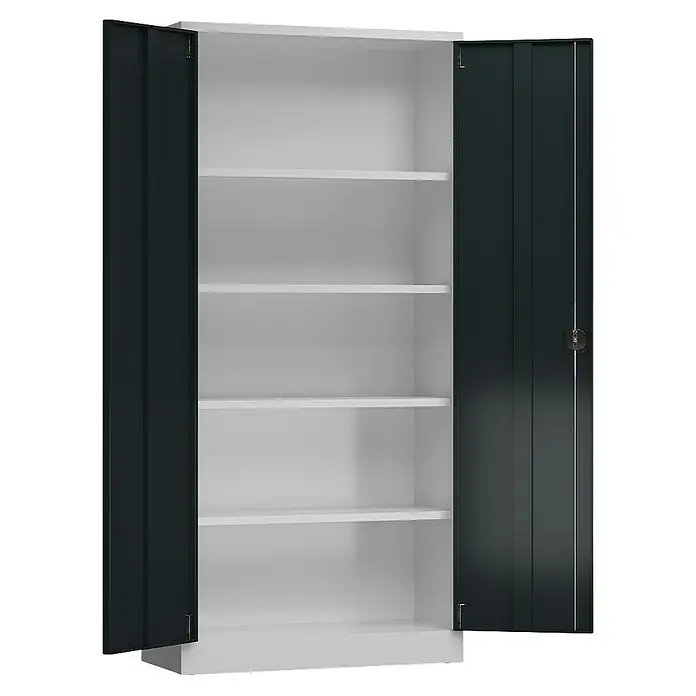 Lüllmann ClassiX Metall-Mehrzweckschrank - H x B x T: 194,5 x 92 x 42 cm, Lichtgrau/Anthrazit, Fertig montiert, Anzahl Böden: 4 Stk. - Schrank mit offenen Türen, der weiße Regale und eine dunkelgraue Außenseite zeigt.