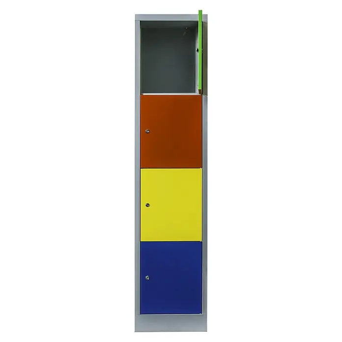 Lüllmann ClassiX Schließfachschrank - H x B x T: 180 x 41,5 x 50 cm, Lichtrgau/Mehrfarbig, Fertig montiert, Anzahl Fächer: 4 Stk. - Ein schmaler, farbenfroher Metallspind mit vier Fächern in Braun, Gelb und Blau, wobei das obere Fach offen ist.