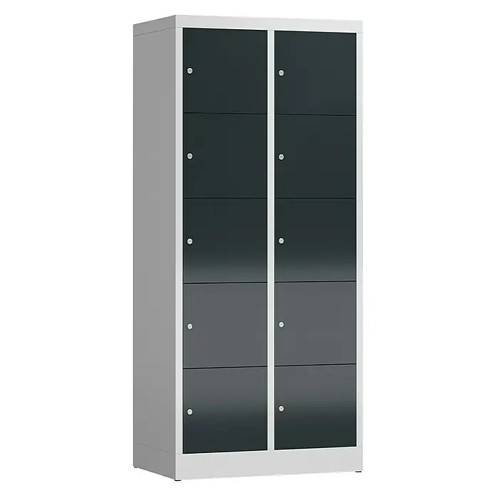 Lüllmann ClassiX Schließfachschrank - H x B x T: 180 x 80 x 50 cm, Lichtgrau/Anthrazit, Fertig montiert, Anzahl Fächer: 10 Stk. - Schrank mit grauem Korpus und weißem Rahmen, die Türen sind dunkelgrau und mit je einem silbernen Knauf versehen.