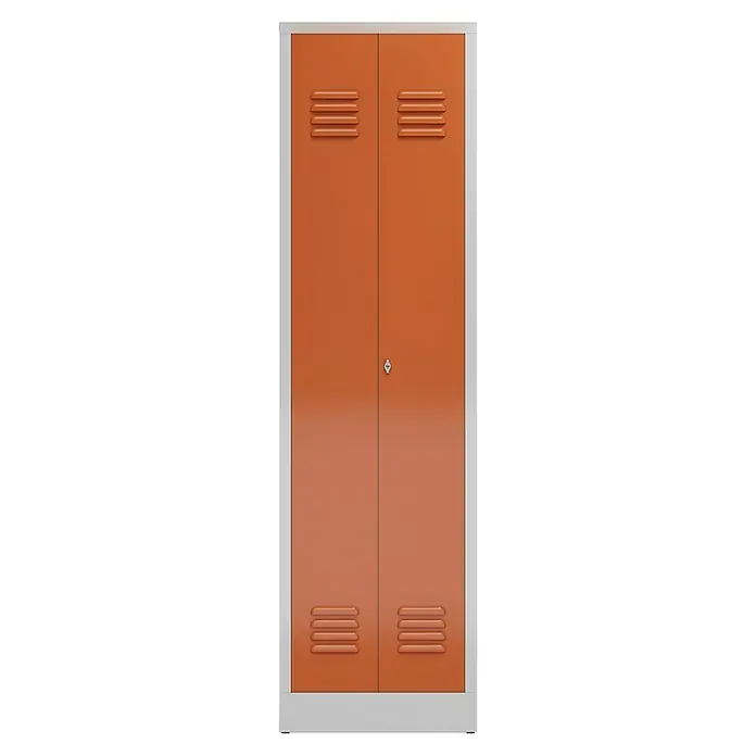 Lüllmann ClassiX Metall-Mehrzweckschrank - H x B x T: 180 x 50 x 50 cm, Lichtgrau/Feuerrot, Fertig montiert, Anzahl Böden: 4 Stk. - Schrank mit zwei orangefarbenen Türen, belüfteten Schlitzen und einem silbernen Rahmen. Ideal für die Aufbewahrung von Kleidung oder anderen Gegenständen.