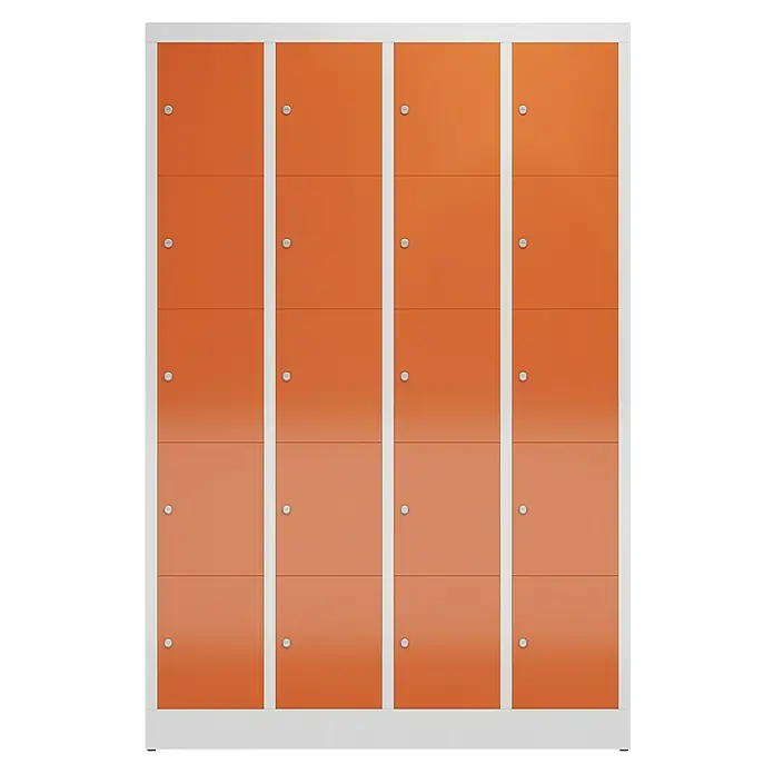 Lüllmann ClassiX Schließfachschrank - H x B x T: 180 x 118,5 x 50 cm, Lichtgrau/Feuerrot, Fertig montiert, Anzahl Fächer: 20 Stk. - Orangefarbene Schließfächer mit silbernen Schlössern in einem weißen Rahmen. Ideal für Schulen oder Fitnessstudios.