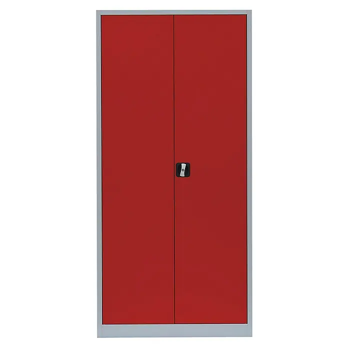 Lüllmann Metall-Mehrzweckschrank - H x B x T: 195 x 92,5 x 50 cm, Lichtgrau/Feuerrot, Fertig montiert, Anzahl Böden: 4 Stk. - Roter Stahlschrank mit zwei Türen und silberfarbenem Rahmen. Ideal für Büro oder Werkstatt zur sicheren Aufbewahrung von Dokumenten und Werkzeugen.