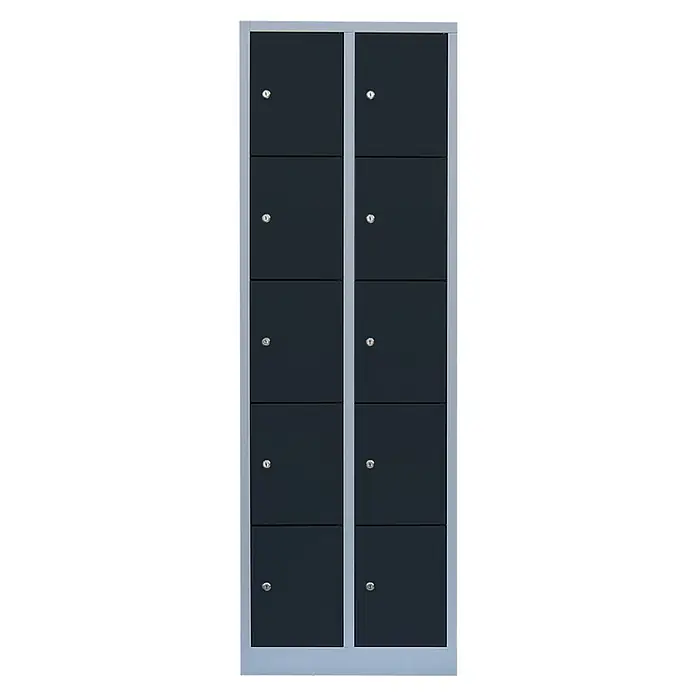 Lüllmann Schließfachschrank - H x B x T: 180 x 60 x 50 cm, Lichtgrau/Anthrazit, Fertig montiert, Anzahl Fächer: 10 Stk. - Grauer Garderobenschrank mit zehn Fächern, ideal für Umkleideräume, Fitnessstudios oder Schulen. Jedes Fach hat ein Schloss zur sicheren Aufbewahrung.