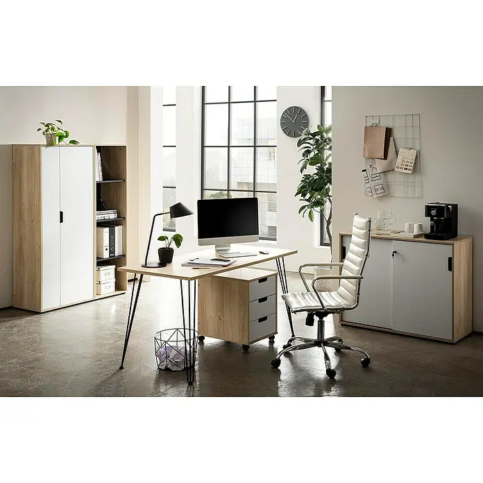 Schildmeyer Emmik Schiebetür Schrank - L x B x H: 41 x 100,1 x 83,6 cm, Weiß/Eiche - Helles Büro mit einem modernen Schreibtisch mit Computermonitor, einer stilvollen Bürolampe und einem bequemen Bürostuhl.