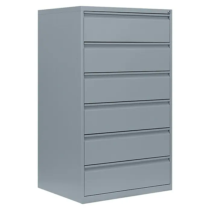 Lüllmann Hängeregisterschrank - H x B x T: 132 x 76 x 62 cm, Lichtgrau, Fertig montiert, Anzahl Schubladen: 6 Stk. - Grauer Aktenschrank mit sechs Schubladen. Der Schrank ist aus Metall und hat einen minimalistischen Look.