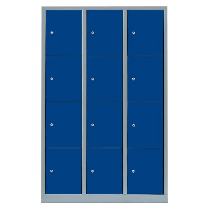 Lüllmann Schließfachschrank - H x B x T: 180 x 118,5 x 50 cm, Lichtgrau/Enzianblau, Fertig montiert, Anzahl Fächer: 12 Stk. - Blaue Schließfächer mit grauen Rahmen, ideal für Sportvereine oder Schulen, bieten sichere Aufbewahrungsmöglichkeiten.