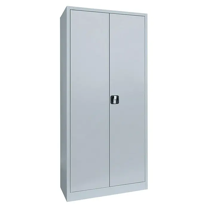 Lüllmann Metall-Mehrzweckschrank - H x B x T: 180 x 80 x 38,3 cm, Lichtgrau, Fertig montiert, Anzahl Böden: 3 Stk. - Ein grauer Flügeltürenschrank aus Stahl mit einem Drehgriffschloss in der Mitte der Türen für Büro oder Lager.