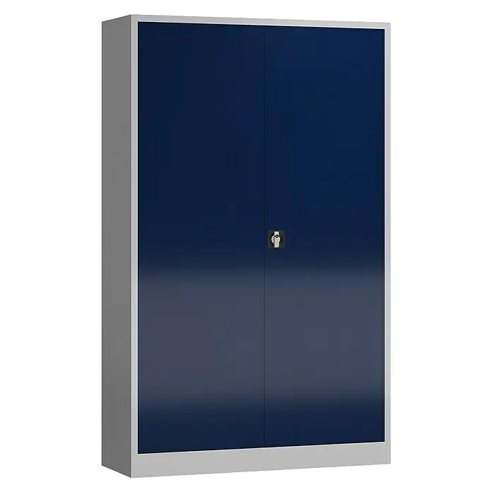 Lüllmann ClassiX Metall-Mehrzweckschrank - H x B x T: 194,5 x 120 x 42 cm, Lichtgrau/Enzianblau, Fertig montiert, Anzahl Böden: 4 Stk. - Schrank: Metallschrank mit zwei Türen in Blau und einem Drehknopf in der Mitte der Türen, ideal für Büro oder Werkstatt.