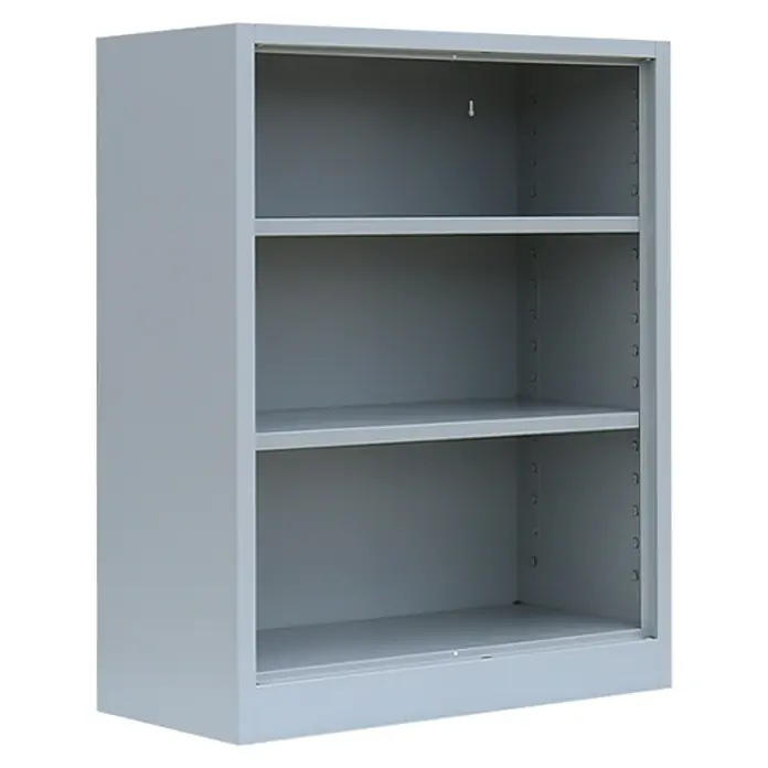 Lüllmann Aktenregal - H x B x T: 120 x 38,3 x 38,3 cm, Traglast pro Boden: 65 kg, Anzahl Böden: 2 Stk., Lichtgrau - Ein grauer Büroschrank mit drei Regalen, ideal zur Aufbewahrung von Dokumenten und Büromaterial. Robuste Konstruktion für den täglichen Gebrauch.