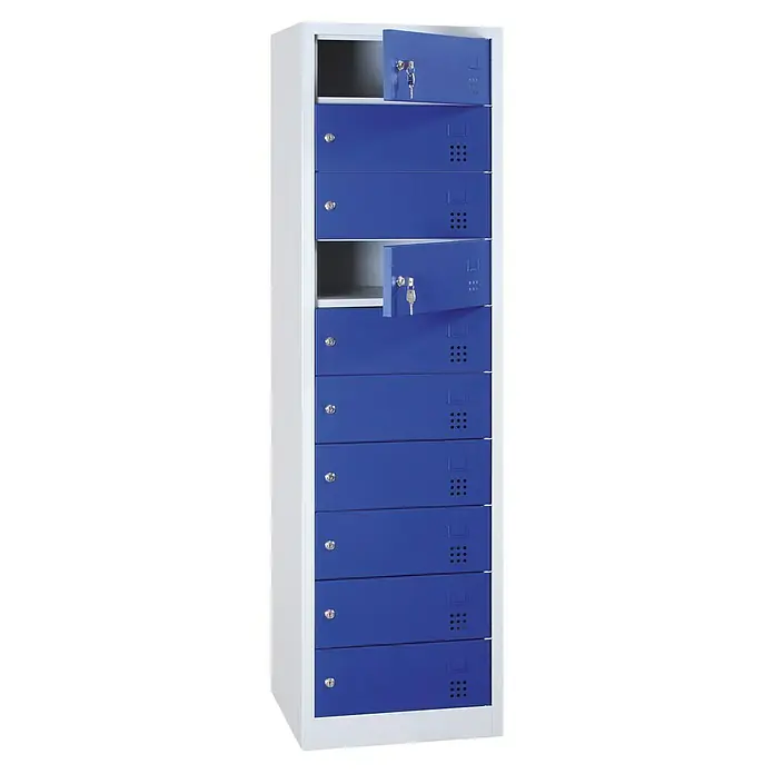 Lüllmann Laptopschrank - H x B x T: 180 x 50 x 50 cm, Lichtgrau/Enzianblau, Fertig montiert, Mit Steckdose, Anzahl Fächer: 10 Stk. - Blauer Spindschrank mit mehreren Fächern, einige davon geöffnet und mit Schlüssel, ideal für Büros oder Schulen.