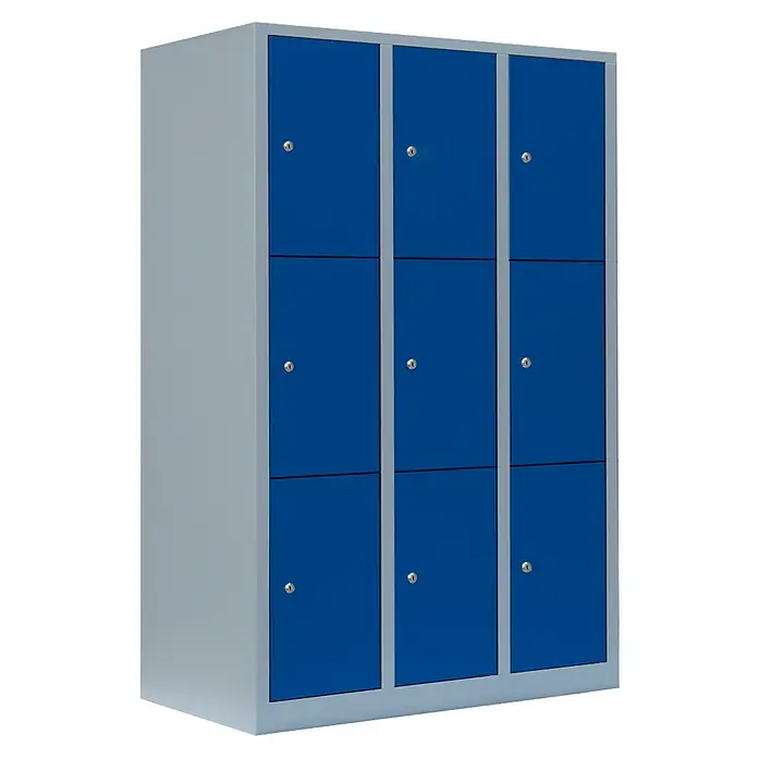 Lüllmann Schließfachschrank - H x B x T: 180 x 118,5 x 50 cm, Lichtgrau/Enzianblau, Fertig montiert, Anzahl Fächer: 9 Stk. - Neun blaue Schließfächer in einem grauen Metallrahmen. Die Türen haben je ein kleines Schloss. Optimal für Fitnessstudios oder Schulen.