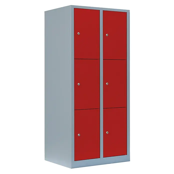 Lüllmann Schließfachschrank - H x B x T: 180 x 80 x 50 cm, Lichtgrau/Feuerrot, Fertig montiert, Anzahl Fächer: 6 Stk. - Roter und grauer Spind mit sechs Fächern und kleinen silbernen Schlössern für die sichere Aufbewahrung persönlicher Gegenstände.