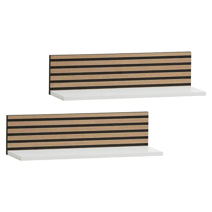 Schildmeyer Ryker Regal - L x B x H: 60 x 17,3 x 15,7 cm, Weiß, 2 Stk. - Zwei Paneele mit Holz- und schwarzen Streifen auf einem weißen Regal, die eine moderne und stilvolle Wanddekoration darstellen.