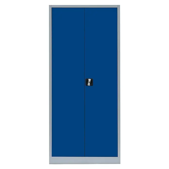 Lüllmann Metall-Mehrzweckschrank - H x B x T: 180 x 80 x 38,3 cm, Lichtgrau/Enzianblau, Fertig montiert, Anzahl Böden: 4 Stk. - Das Bild zeigt einen blauen Flügeltürenschrank mit einem silbernen Rahmen und einem Drehgriff in der Mitte, ideal für Büro oder Werkstatt.