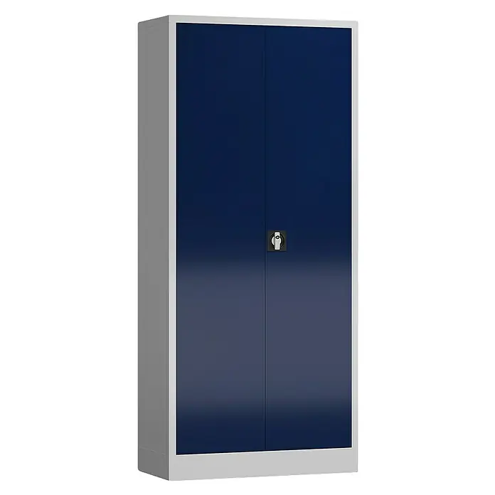Lüllmann ClassiX Metall-Mehrzweckschrank - H x B x T: 180 x 80 x 38 cm, Lichtgrau/Enzianblau, Fertig montiert, Anzahl Böden: 4 Stk. - Ein blauer Stahlschrank mit zwei Türen und silberfarbenem Rahmen bietet sichere Aufbewahrung. Ideal für Büro oder Werkstatt.