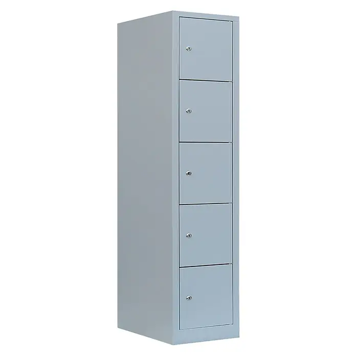 Lüllmann Schließfachschrank - H x B x T: 180 x 41,5 x 50 cm, Lichtgrau, Fertig montiert, Anzahl Fächer: 5 Stk. - Grauer Metallschrank mit fünf abschließbaren Fächern zur sicheren Aufbewahrung von Wertgegenständen oder persönlichen Gegenständen. Ideal für Büros oder Schulen.