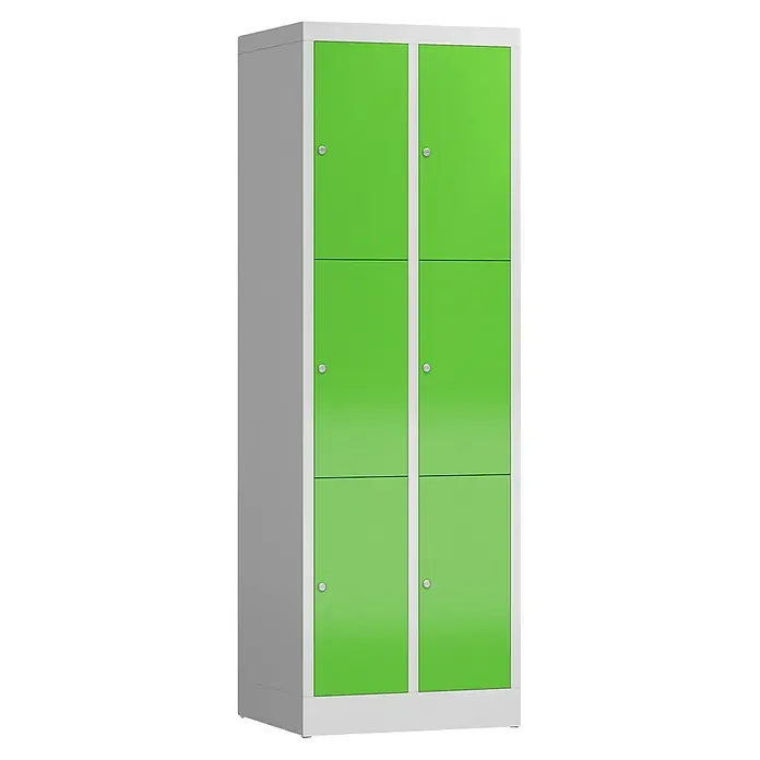 Lüllmann ClassiX Schließfachschrank - H x B x T: 180 x 59 x 50 cm, Lichtgrau/Gelbgrün, Fertig montiert, Anzahl Fächer: 6 Stk. - Dieser Artikel zeigt einen grünen abschließbaren Spind mit sechs Fächern, ideal für die sichere Aufbewahrung von persönlichen Gegenständen.