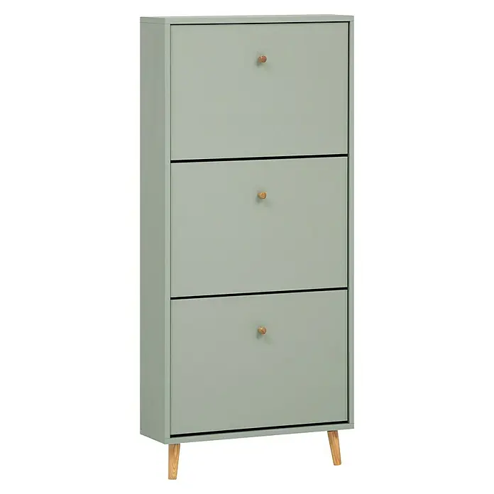 Schildmeyer Bjarne Schuhschrank - L x B x H: 19,5 x 59,8 x 131 cm, Pistazie, Anzahl Fächer: 3 Stk. - Ein schmaler, pastellgrüner Schuhschrank mit drei Kippfächern und dezenten Holzknöpfen, ideal für kleine Flure und stilvolle Aufbewahrung.