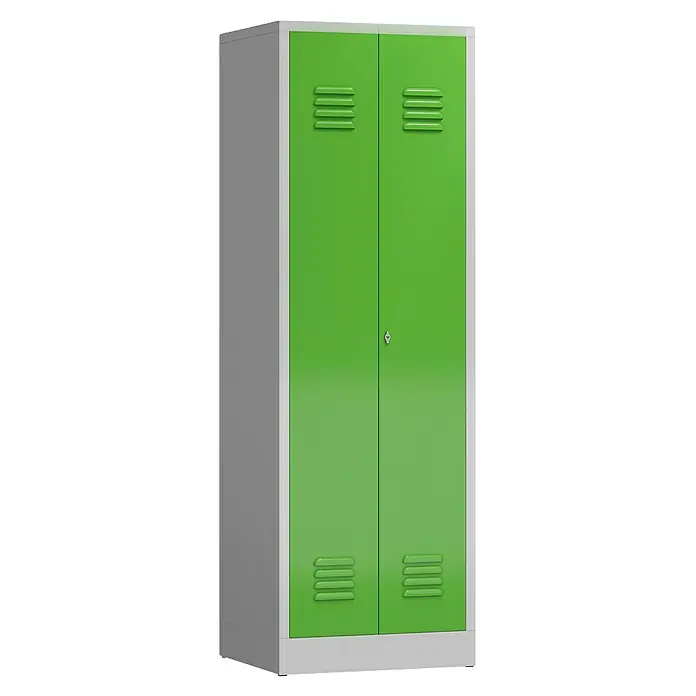 Lüllmann ClassiX Metall-Mehrzweckschrank - H x B x T: 180 x 59 x 50 cm, Lichtgrau/Gelbgrün, Fertig montiert, Anzahl Böden: 4 Stk. - Ein grüner Spind mit zwei Türen und Lüftungsschlitzen für Büro oder Werkstatt. Robuste Konstruktion und abschließbar.