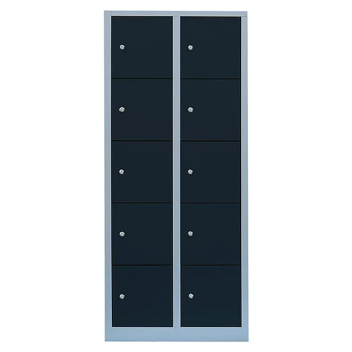Lüllmann Schließfachschrank - H x B x T: 180 x 80 x 50 cm, Lichtgrau/Anthrazit, Fertig montiert, Anzahl Fächer: 10 Stk. - Das Bild zeigt einen Spindschrank mit zehn Fächern, die jeweils mit einem Schloss versehen sind, ideal für sichere Aufbewahrung in Büros oder Schulen.