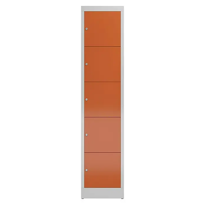 Lüllmann ClassiX Schließfachschrank - H x B x T: 180 x 41,5 x 50 cm, Lichtgrau/Feuerrot, Fertig montiert, Anzahl Fächer: 5 Stk. - Schlanker, orangerfarbener Spind mit fünf Abteilen und silbernen Griffen, ideal für die Aufbewahrung.