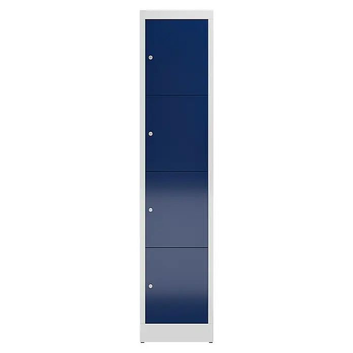 Lüllmann ClassiX Schließfachschrank - H x B x T: 180 x 41,5 x 50 cm, Lichtgrau/Enzianblau, Fertig montiert, Anzahl Fächer: 4 Stk. - Blauer Spind mit vier Fächern und silberfarbenen Knöpfen. Ein robuster und stilvoller Schrank für die Aufbewahrung von persönlichen Gegenständen.