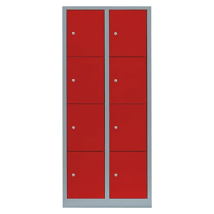 Lüllmann Schließfachschrank - H x B x T: 180 x 80 x 50 cm, Lichtgrau/Feuerrot, Fertig montiert, Anzahl Fächer: 8 Stk. - Rote Schließfächer in einem grauen Metallrahmen, mit je einem Schloss. Acht Fächer, die zum Aufbewahren von Gegenständen dienen.