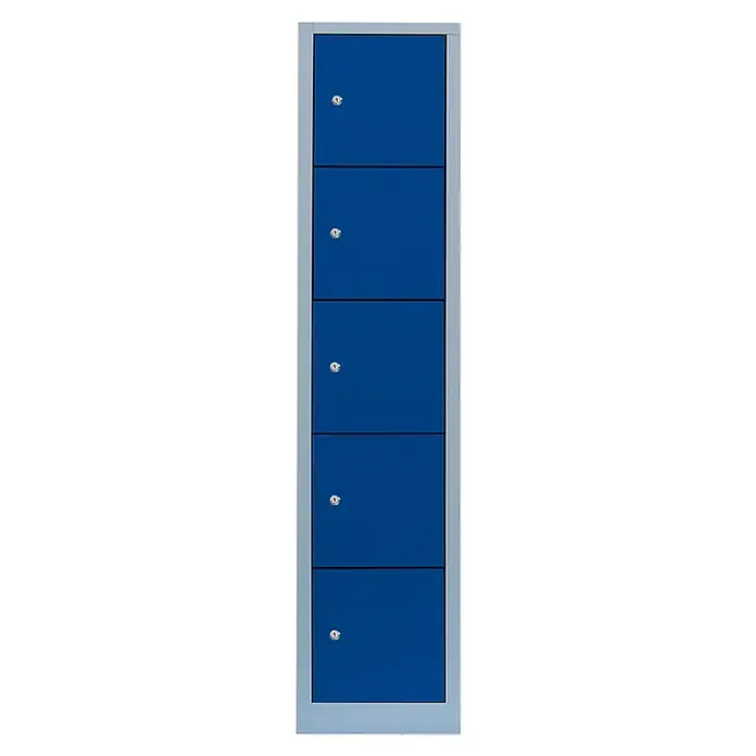 Lüllmann Schließfachschrank - H x B x T: 180 x 41,5 x 50 cm, Lichtgrau/Enzianblau, Fertig montiert, Anzahl Fächer: 5 Stk. - Ein schlanker, blauer Spind mit fünf Fächern und silberfarbenen Schlössern, ideal zur Aufbewahrung. Der Spind ist modern und platzsparend gestaltet.