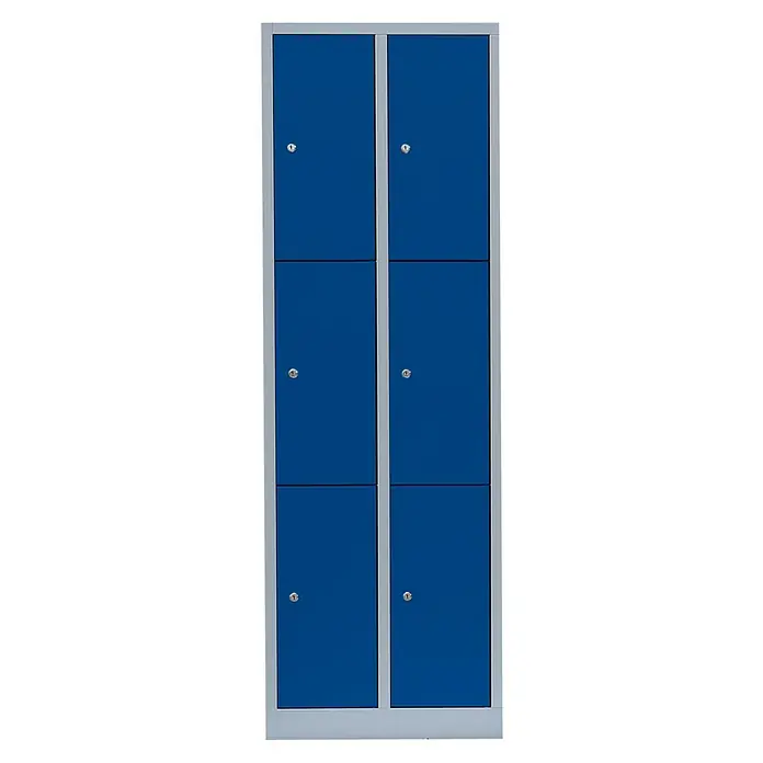 Lüllmann Schließfachschrank - H x B x T: 180 x 60 x 50 cm, Lichtgrau/Enzianblau, Fertig montiert, Anzahl Fächer: 6 Stk. - Bild einer blauen Spindanlage mit sechs Fächern, ideal zur Aufbewahrung in Schulen oder Sporteinrichtungen. Robust und platzsparend.