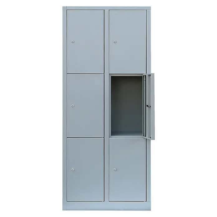 Lüllmann Schließfachschrank - H x B x T: 180 x 80 x 50 cm, Lichtgrau, Fertig montiert, Anzahl Fächer: 6 Stk. - Graue Metallschränke mit Fächern, von denen eines offen ist und die Innenseite zeigt. Perfekt für die sichere Aufbewahrung persönlicher Gegenstände.