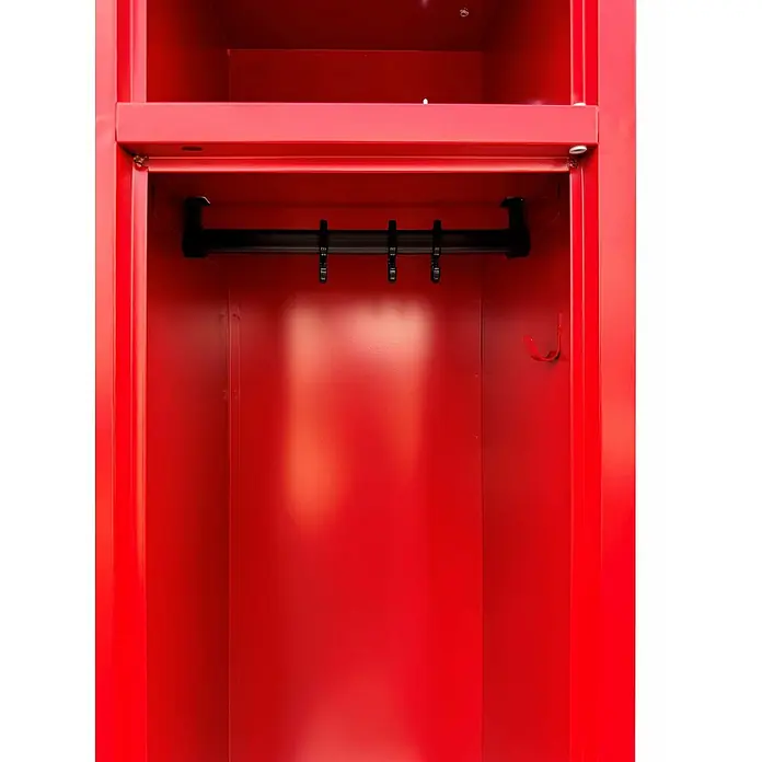 Lüllmann Feuerwehrschrank - H x B x T: 180 x 60 x 50 cm, Feuerrot, Fertig montiert, Anzahl Fächer: 2 Stk. - Roter Metallschrank mit Kleiderstange und Haken zur Aufbewahrung von Kleidung. Ideal für Umkleideräume und Sportanlagen.
