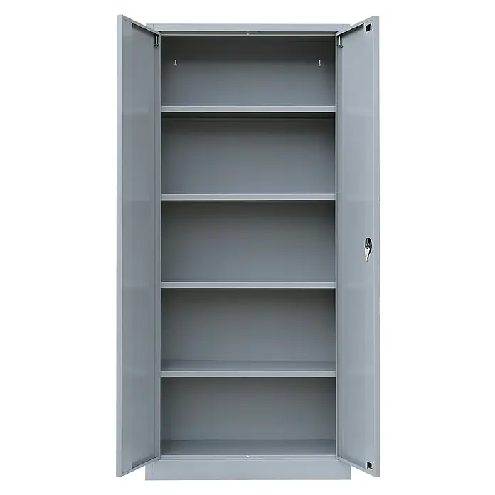 Lüllmann Metall-Mehrzweckschrank - H x B x T: 180 x 80 x 38,3 cm, Lichtgrau, Fertig montiert, Anzahl Böden: 4 Stk. - Abbildung eines grauen Stahlschranks mit offenen Türen und mehreren Regalböden. Ideal für Büro oder Lagerung, bietet viel Stauraum.